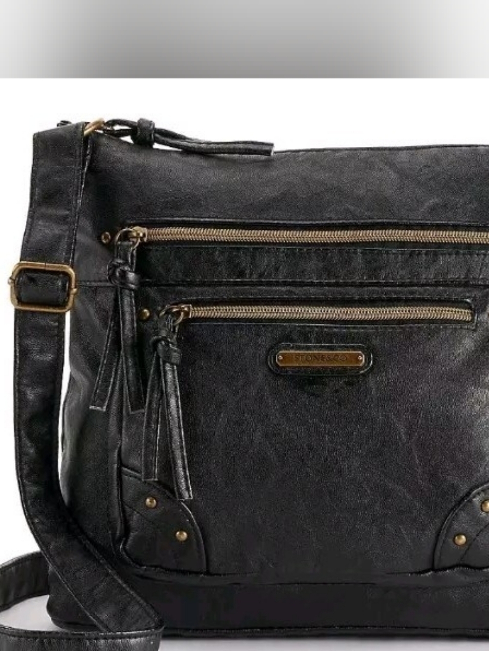 Vintage, Stone & Co Black Bucket Crossbody Bag Multi Zip Organizer P